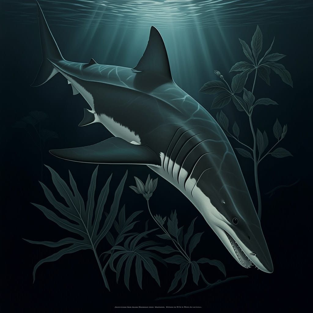 Megalodon Shark in Dark Ocean Depths, an Audubon-Inspired Bo...