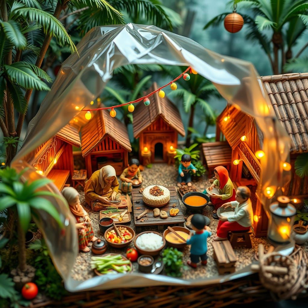 Traditional Malay Family in Miniature Kampung Scene