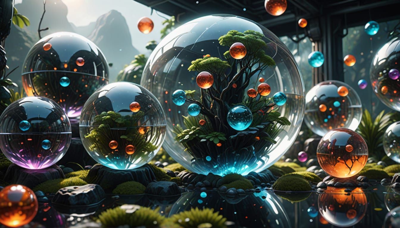 Vibrant Alien Glass Orbs Stacked in Epic 3D Cinematic Style