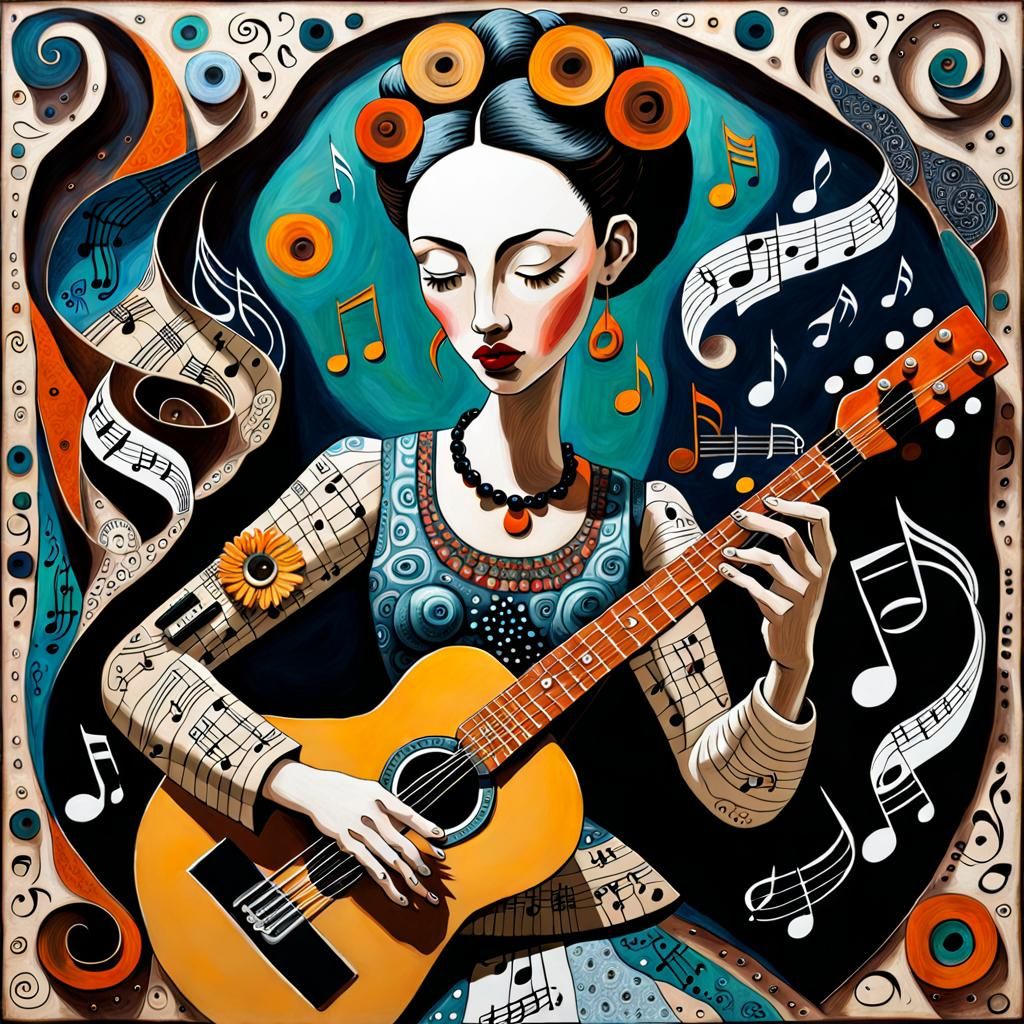 Whimsical Girl Playing Guitar in 3D Style