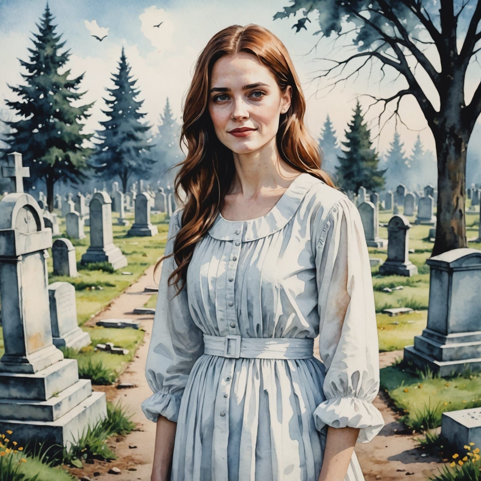 Woman in White at Cemetery in Watercolor Style