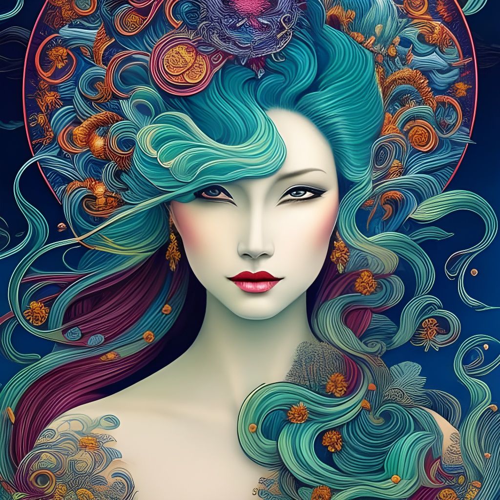 Ink Illustration of Woman with Flowing Hair