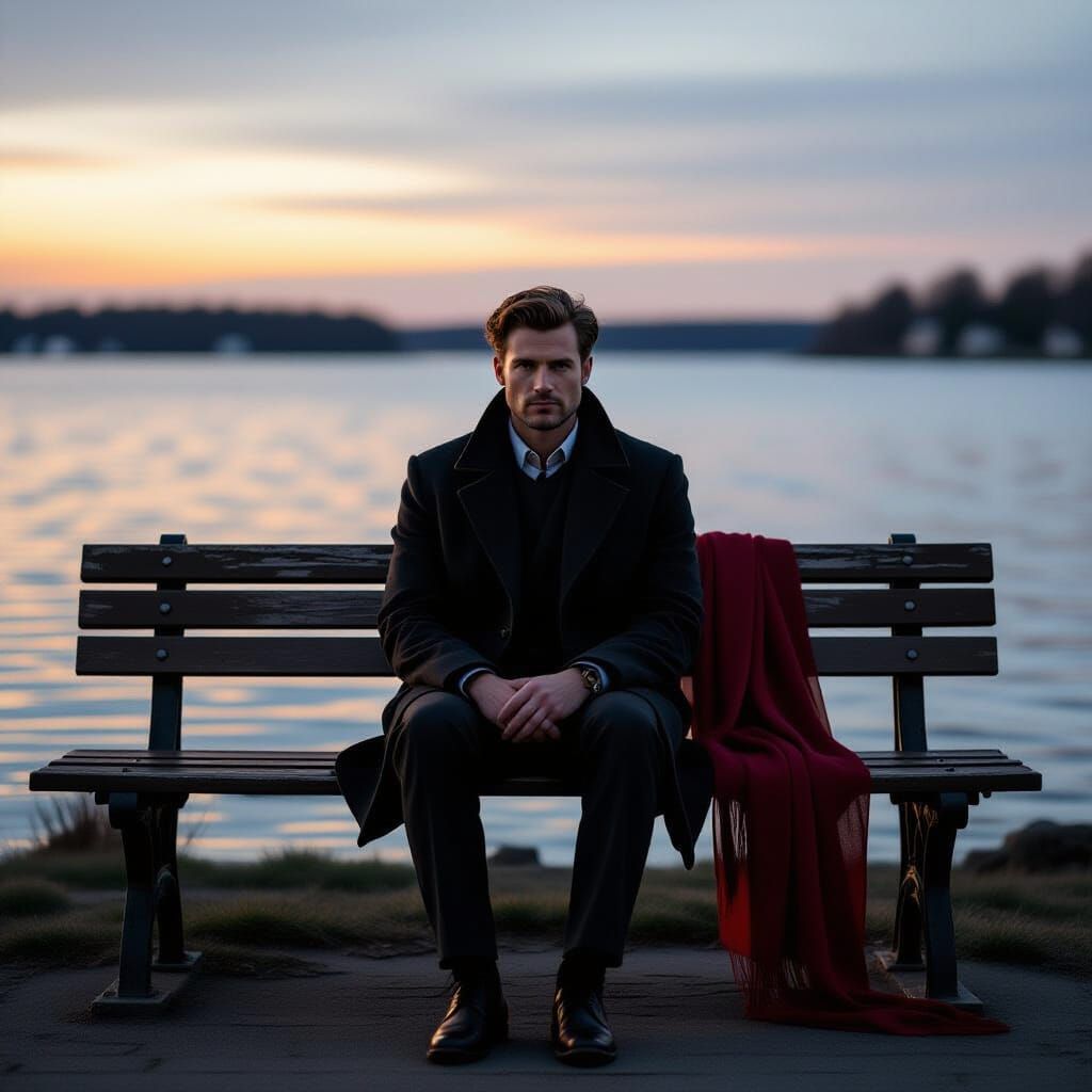 Solitary Man on Lakeside Bench at Twilight