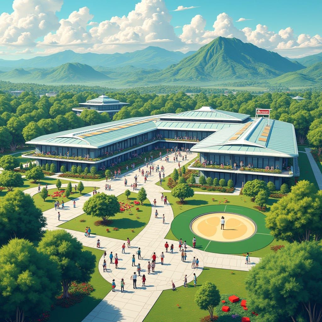 Futuristic School Campus with Playful Colors and Lush Greene...