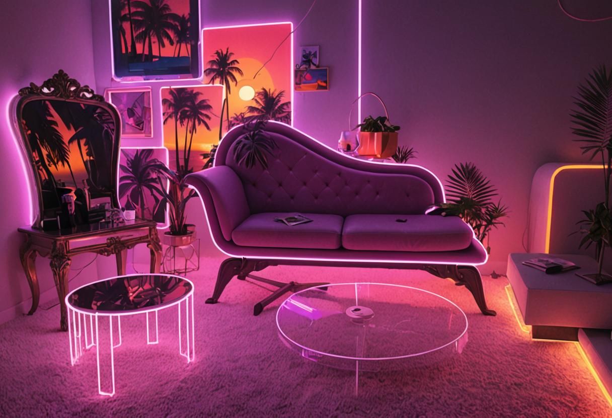 Vibrant Tropical Oasis in Neon-Lit Retro Futurism