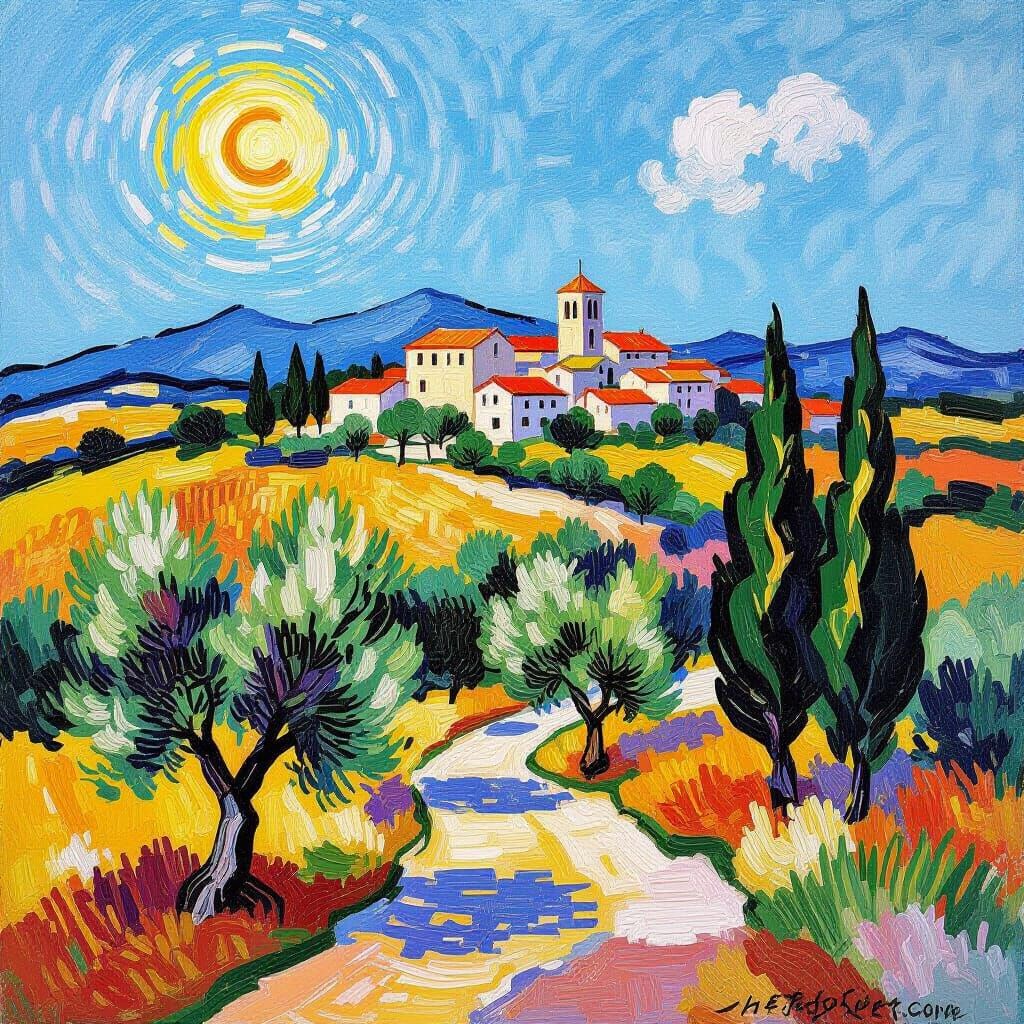 Mediterranean Hill in Post-Impressionist Style