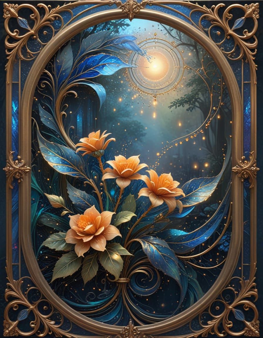 Stained Glass Art: Orange Flowers in Gold Frame