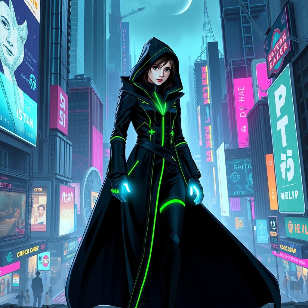Futuristic Neon Witch in Cyberpunk Cityscape