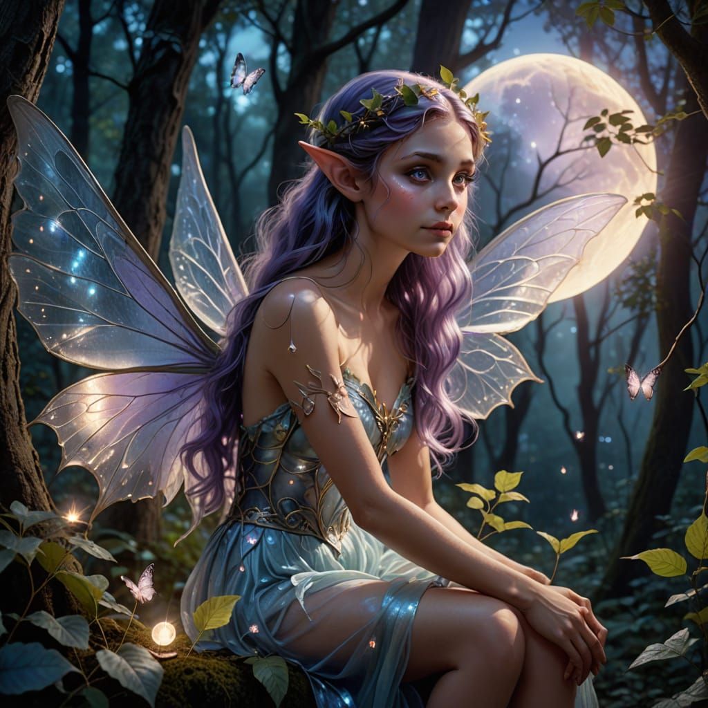 Whimsical Elf Fairy Basks in Dreamy Moonlight