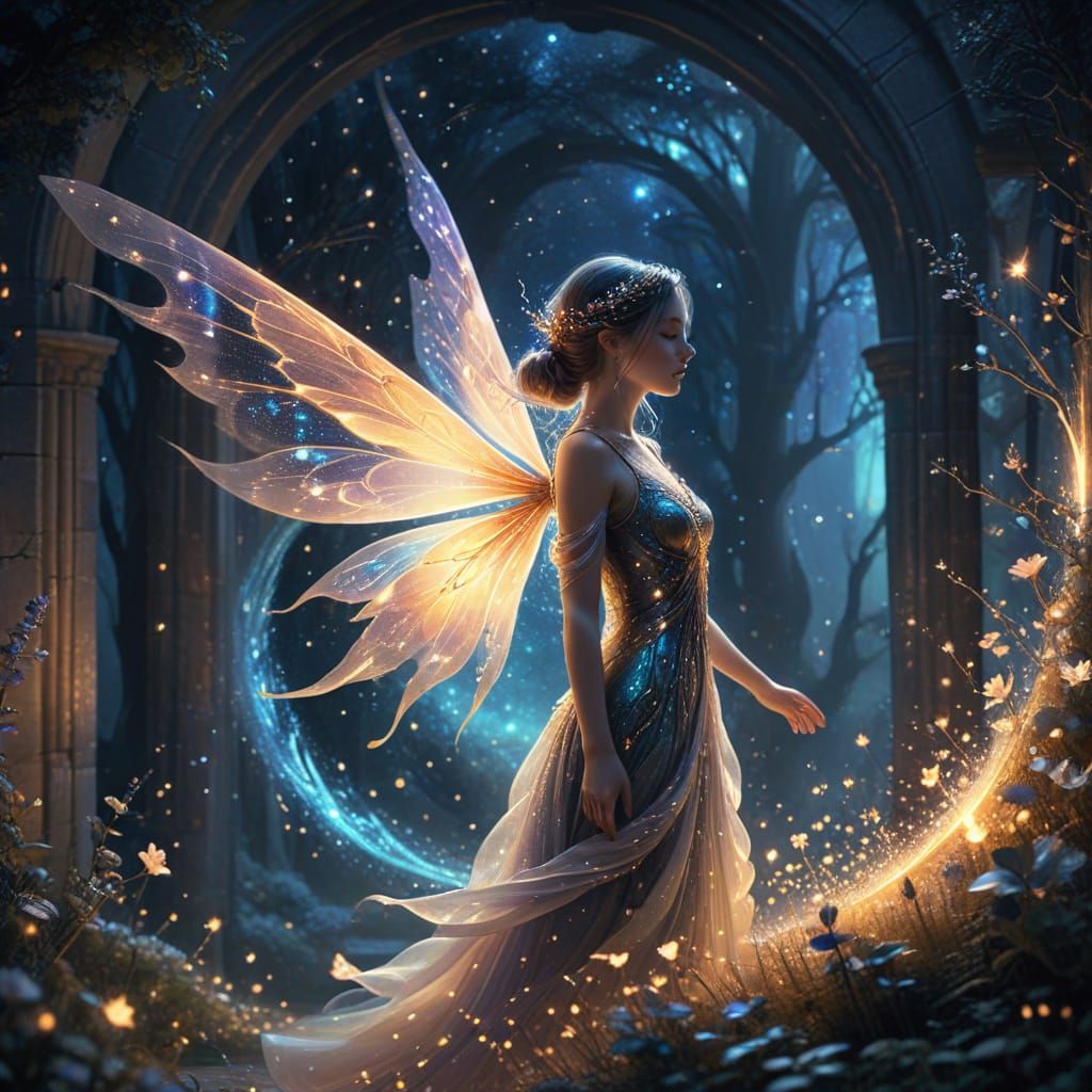 Ethereal Fairy Emerges from Shimmering Portal into Starry Ex...