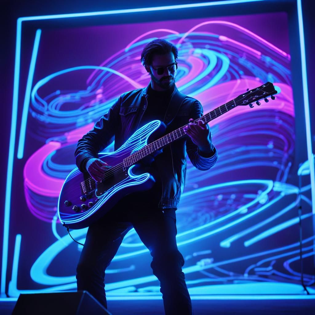 Musician's Synthwave Guitar in Neon Cyberpunk Style