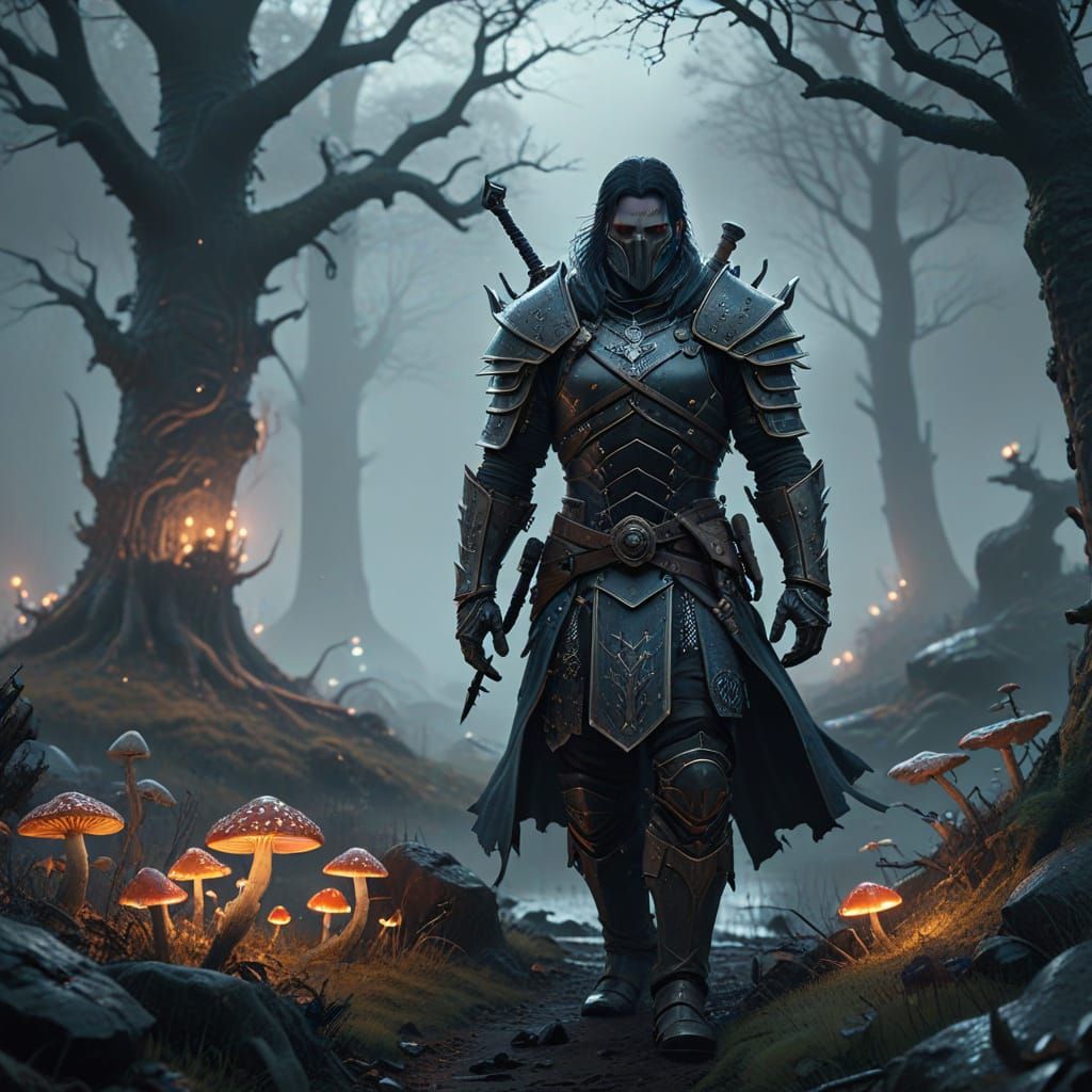 Dark Fantasy Warrior in Haunting Landscape