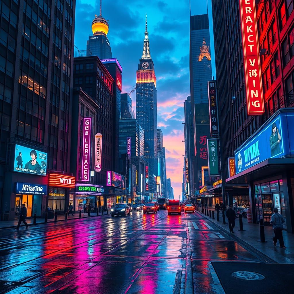 Cyberpunk New York Cityscape at Dusk