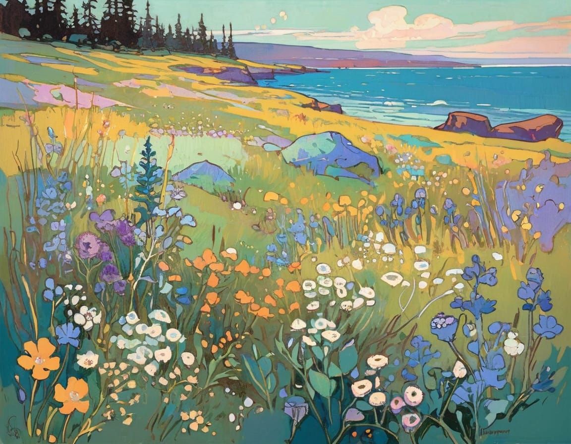 Vibrant Seaside Wildflowers in Impressionist Style
