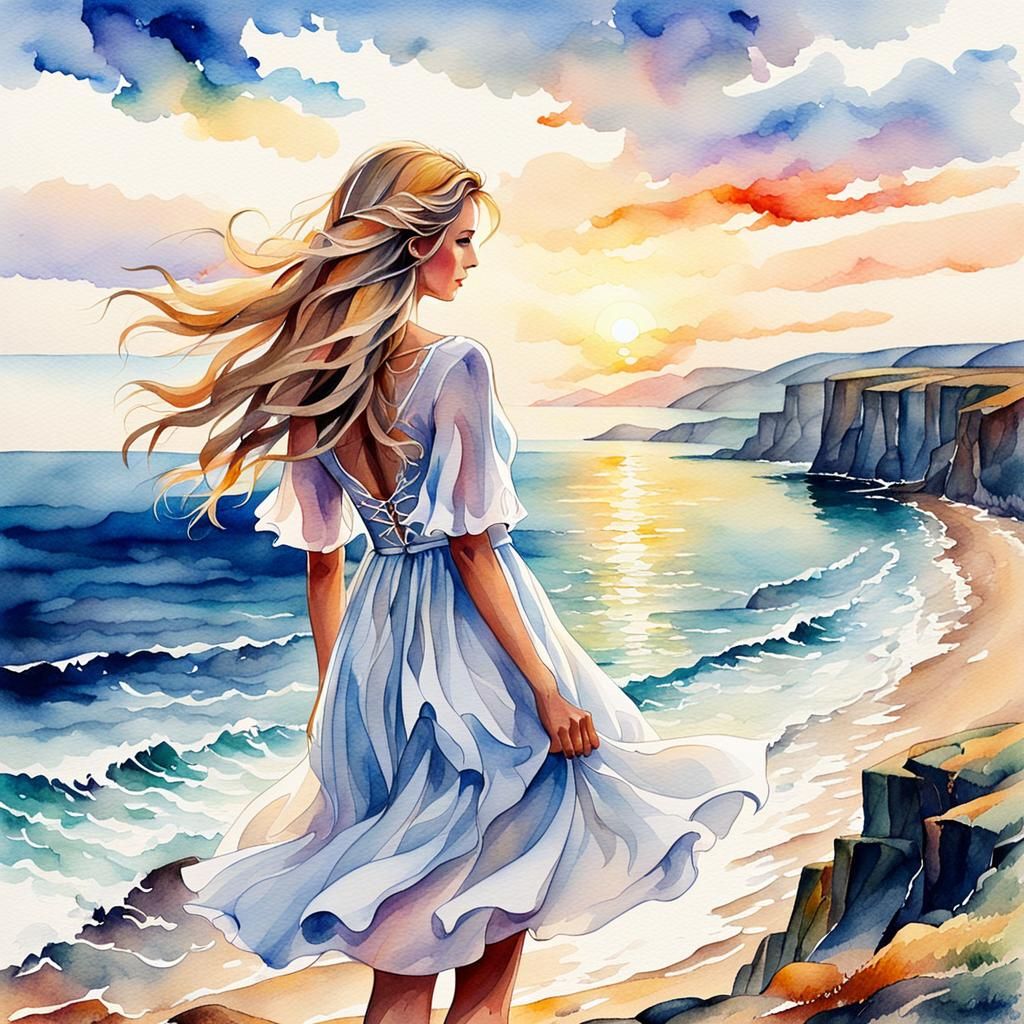 Watercolor Seaside Sunset with Girl in White