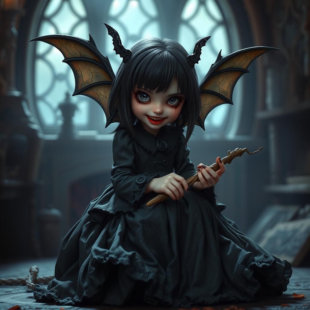 Horror Girl with Bat Wings in Witch Lair