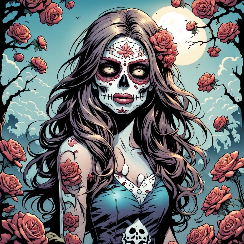 Cartoon Zombie Girl with Sugar Skull Makeup