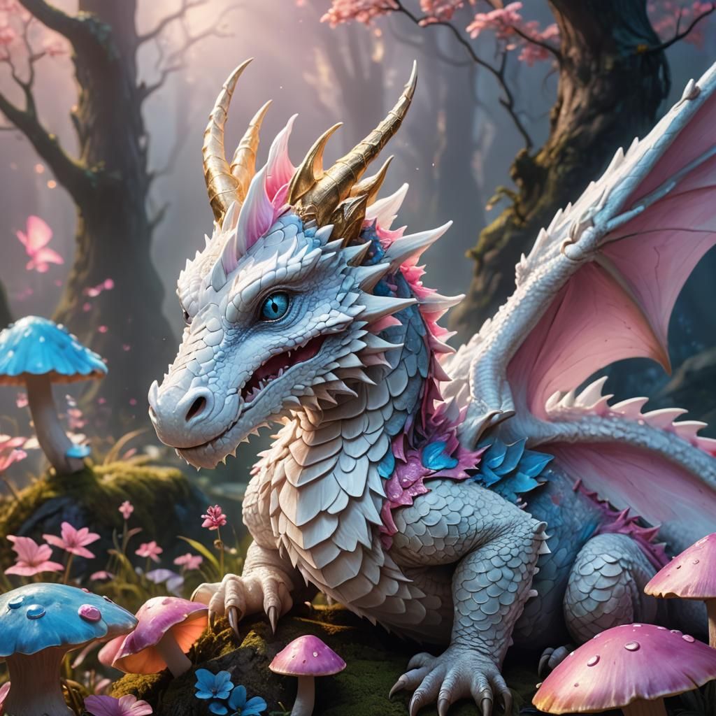 Cute White Dragon on Mushroom: Fantasy Concept Art