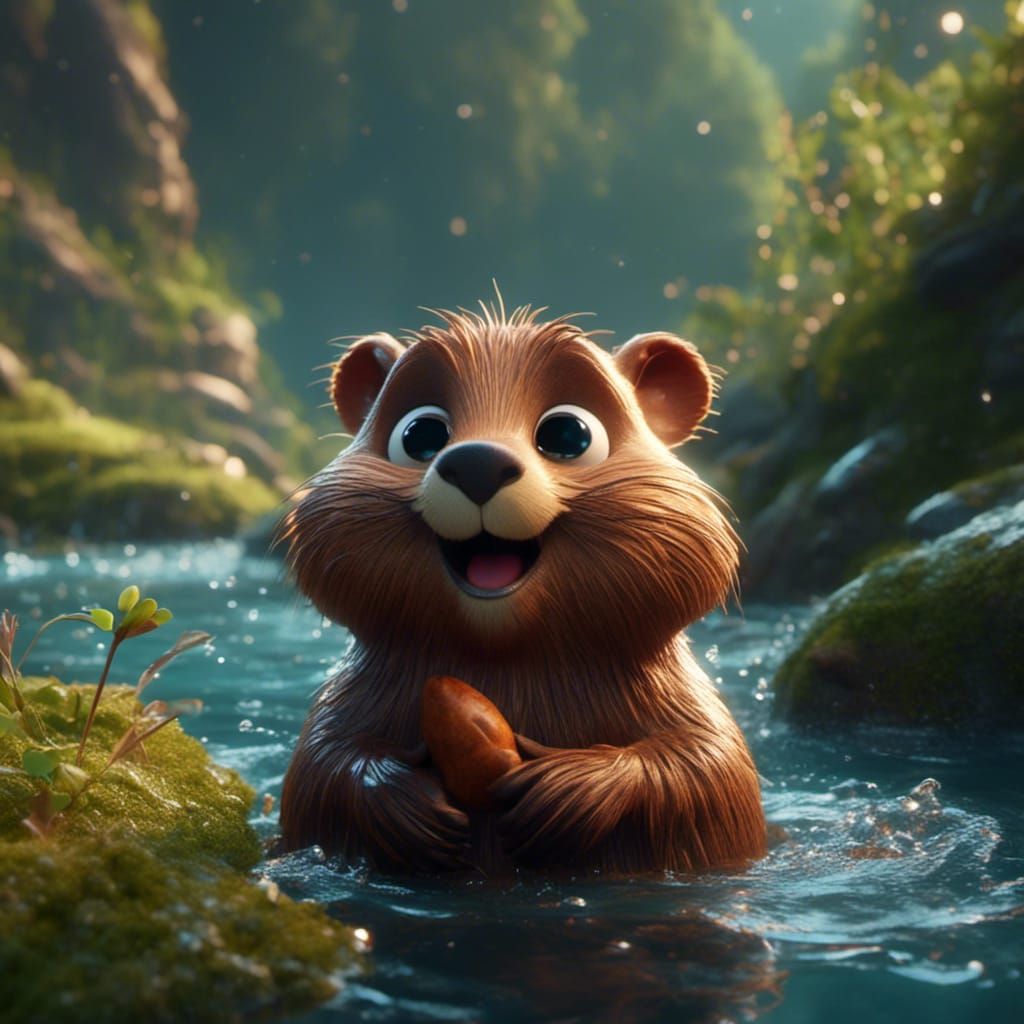 Pixar Style Beaver with Big Eyes in River