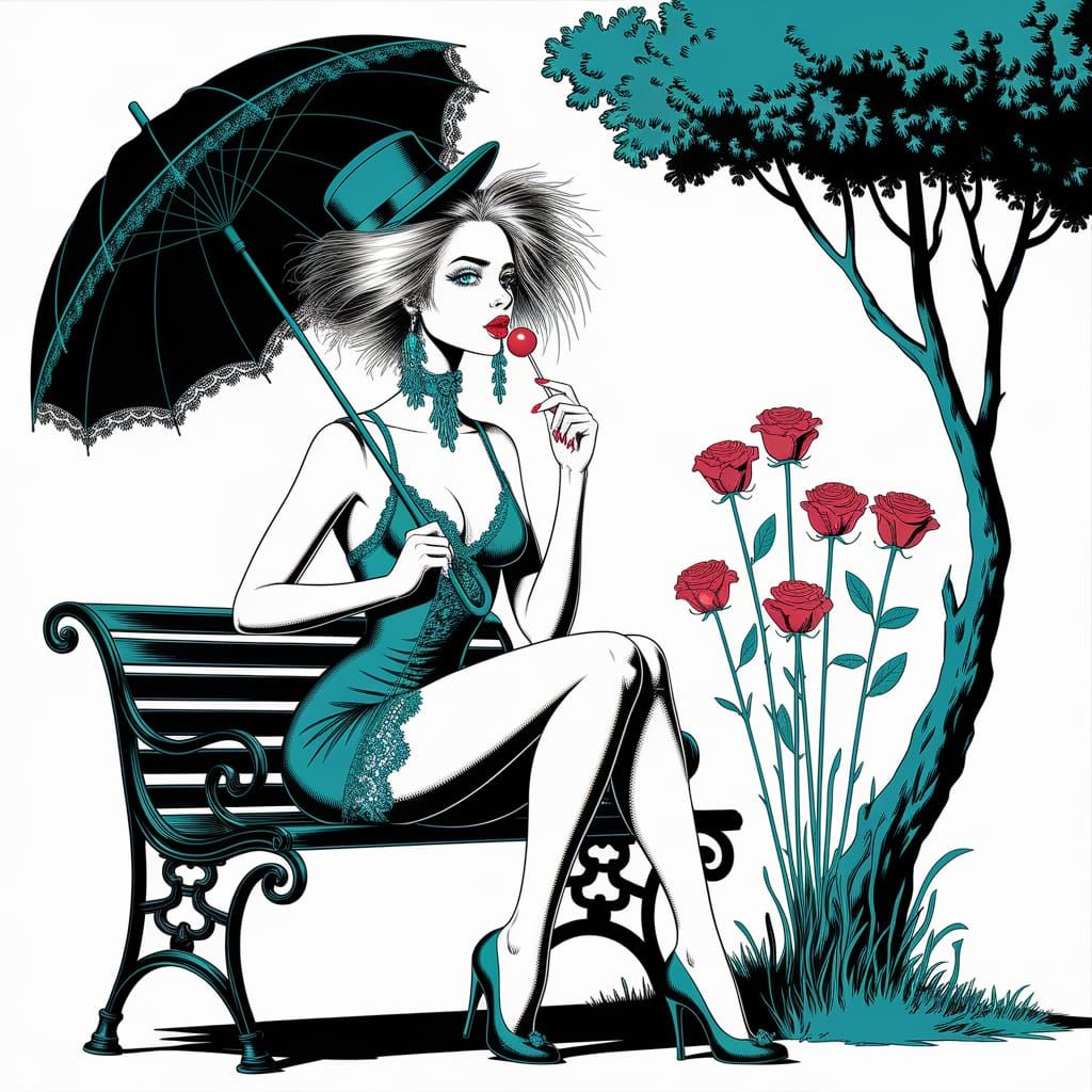 Gothic Woman with Lollipop in Turquoise Monochrome Drawing