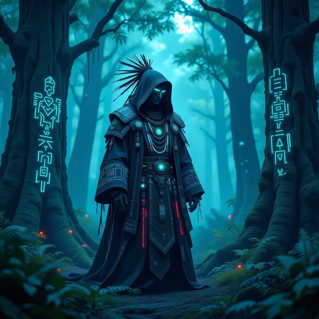 Cyberpunk Druid in Neon Forest with Ancient Glyphs