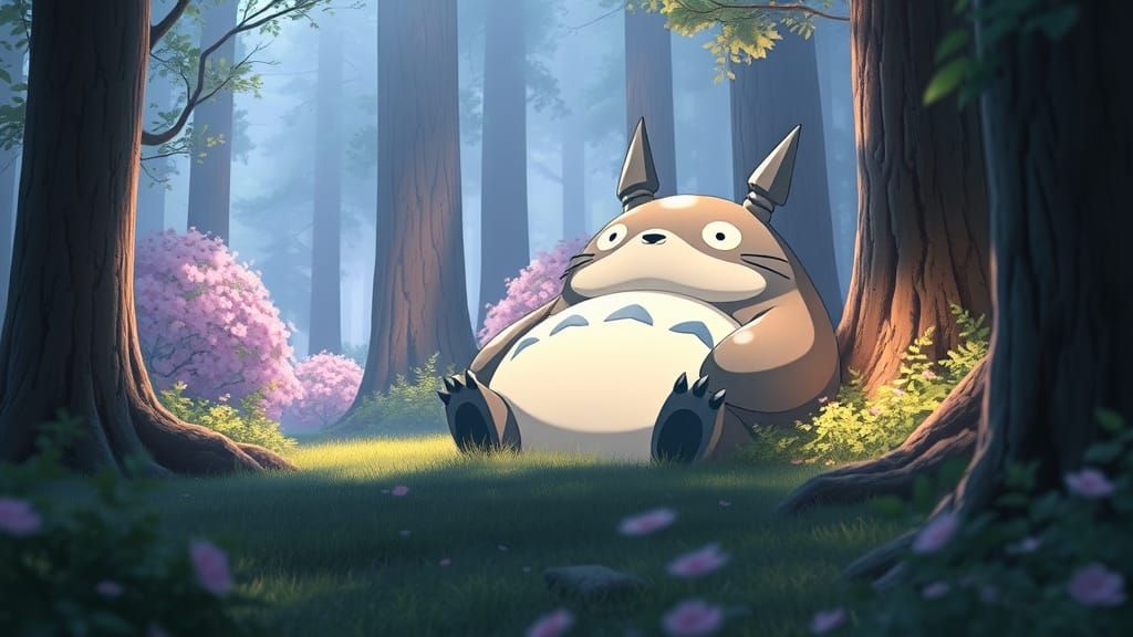 Dreamy Snorlax in Enchanted Forest, Whimsical Anime Landscap...