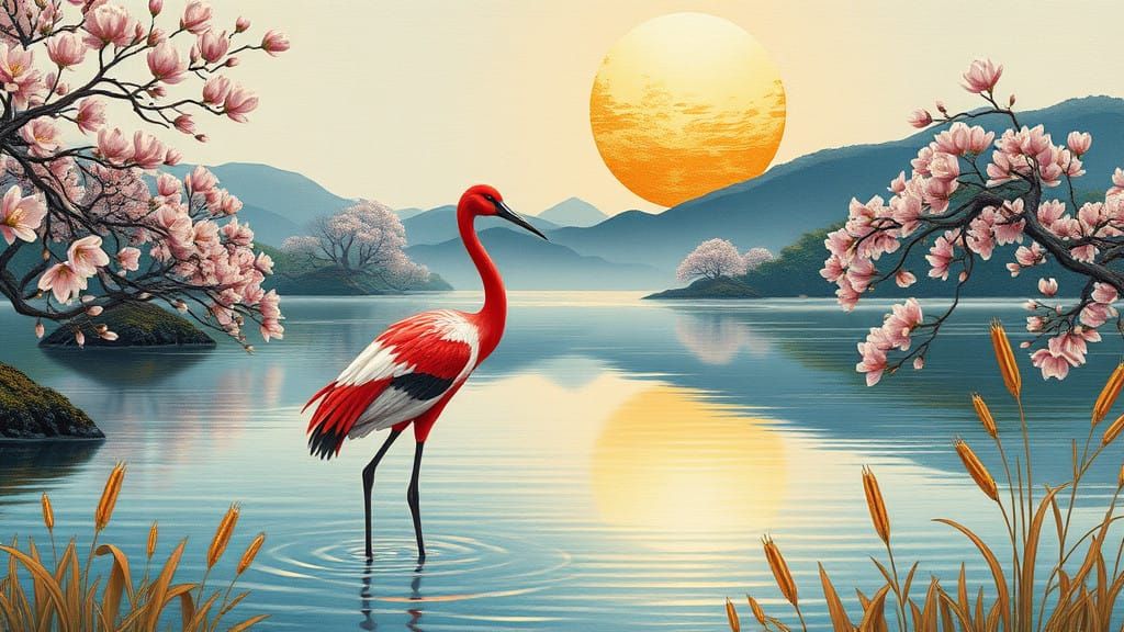 Serene Japanese Landscape with Majestic Red Cranes