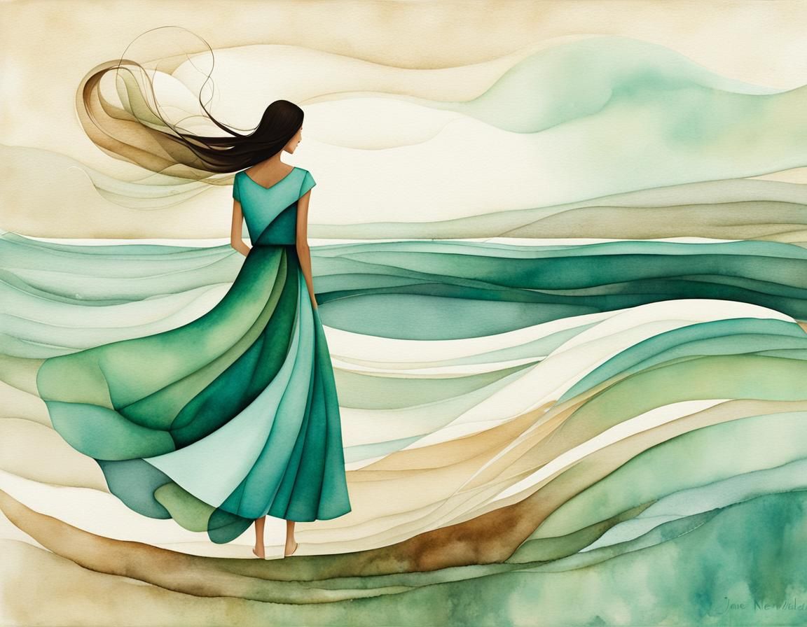 Dress Flying in Wind: Abstract Watercolor Illustration