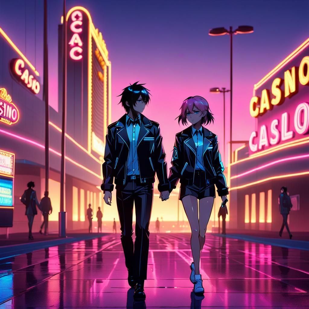 Anime Couple Strolling in Las Vegas at Dawn