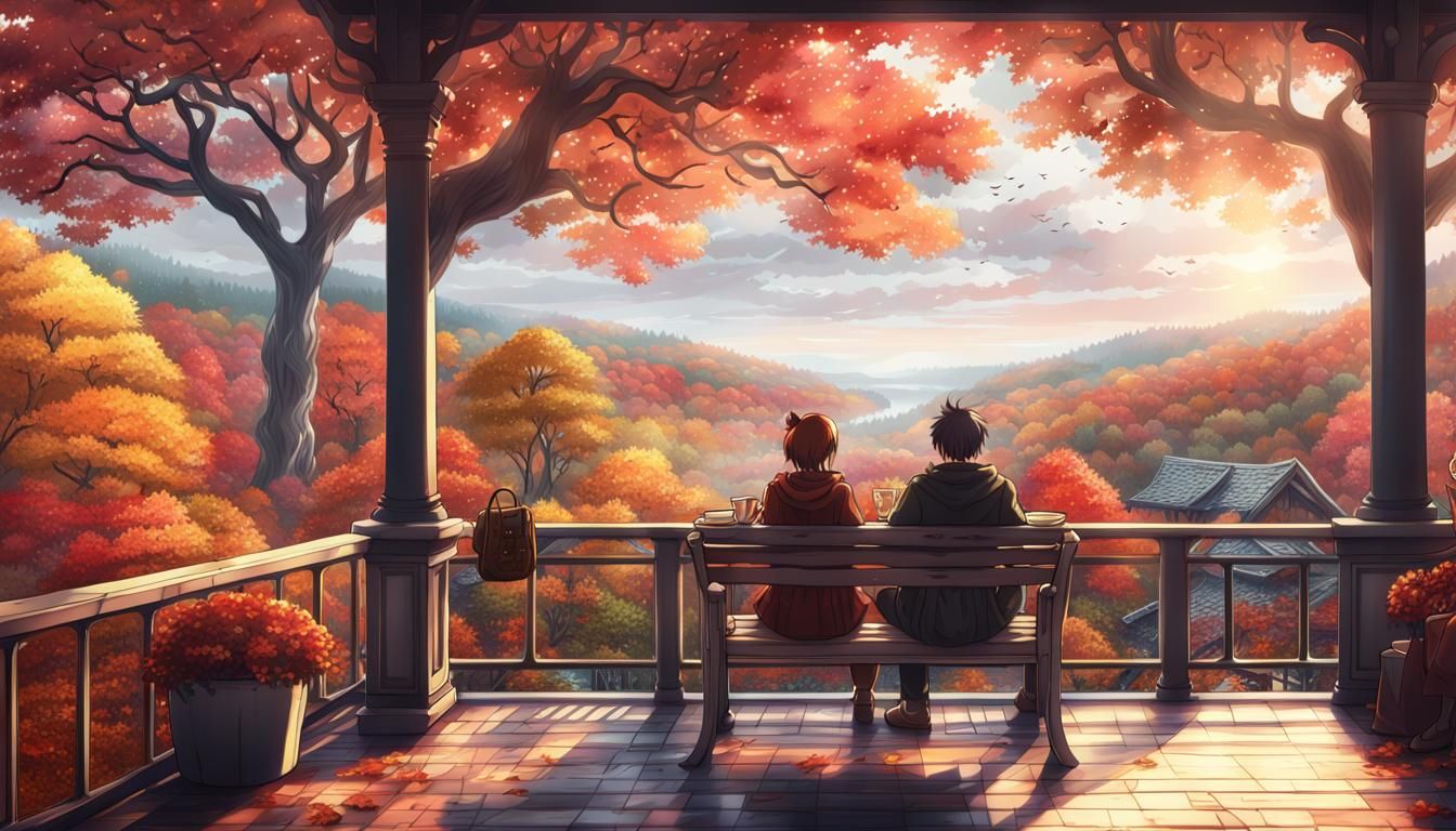 Autumn Patio Scene in Anime Style