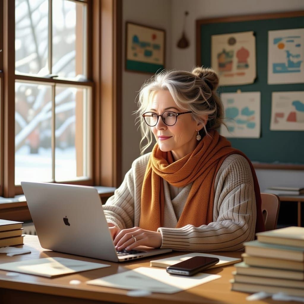 Wise Teacher in Cozy Snow-Dusted Classroom with Books