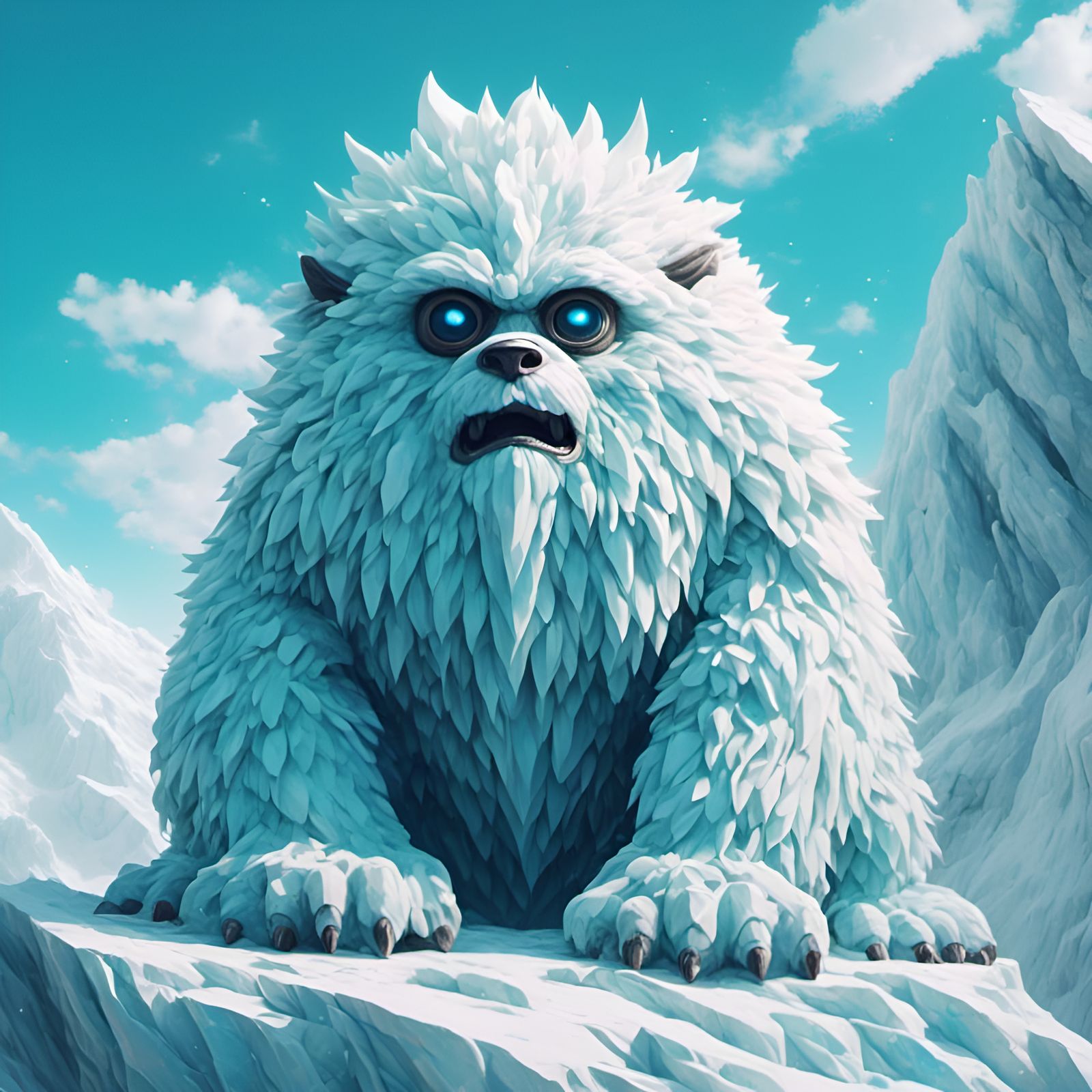 Adorable Yeti on Glacier in Abstract Art Style
