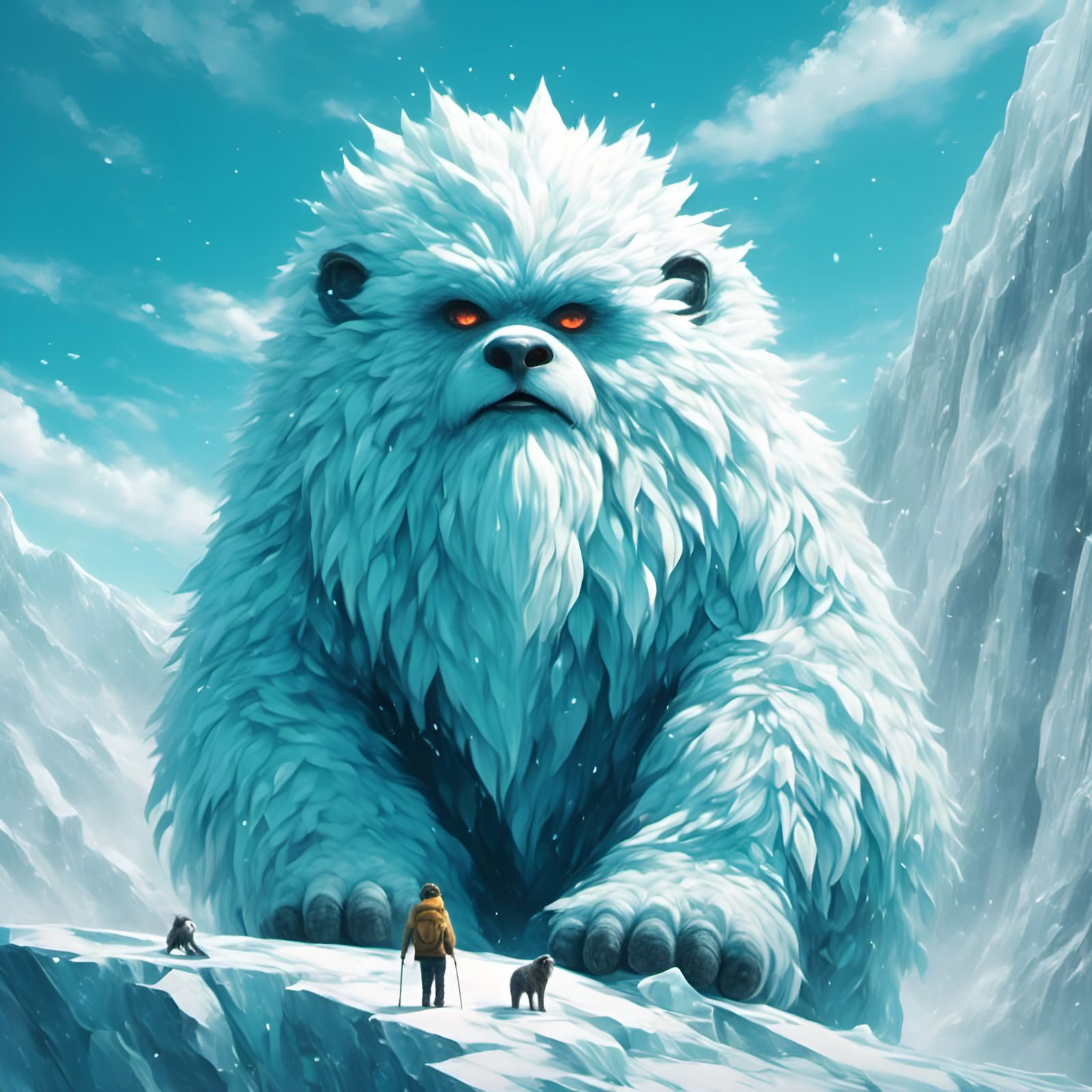 Adorable Yeti on Glacier in Abstract Style