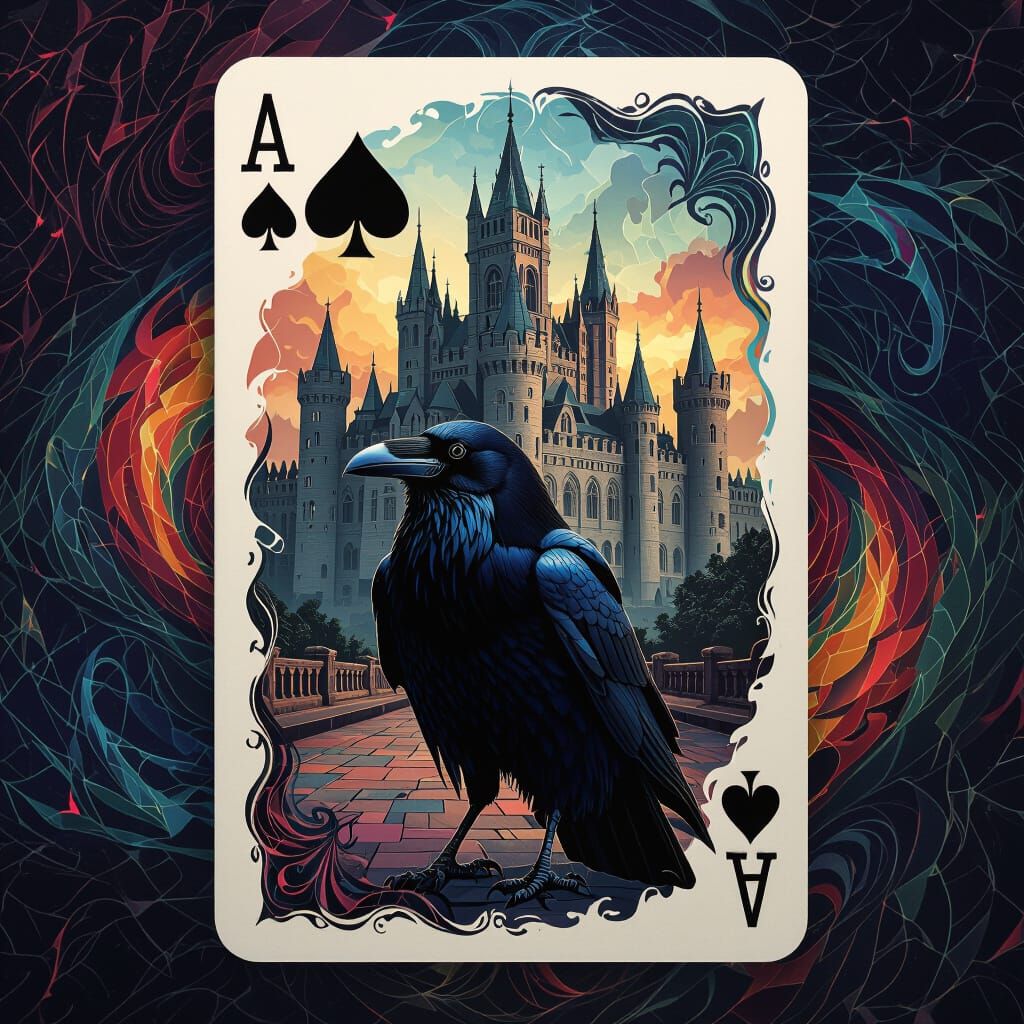 Raven on Playing Card with Castle, Sci-Fi Fantasy Style