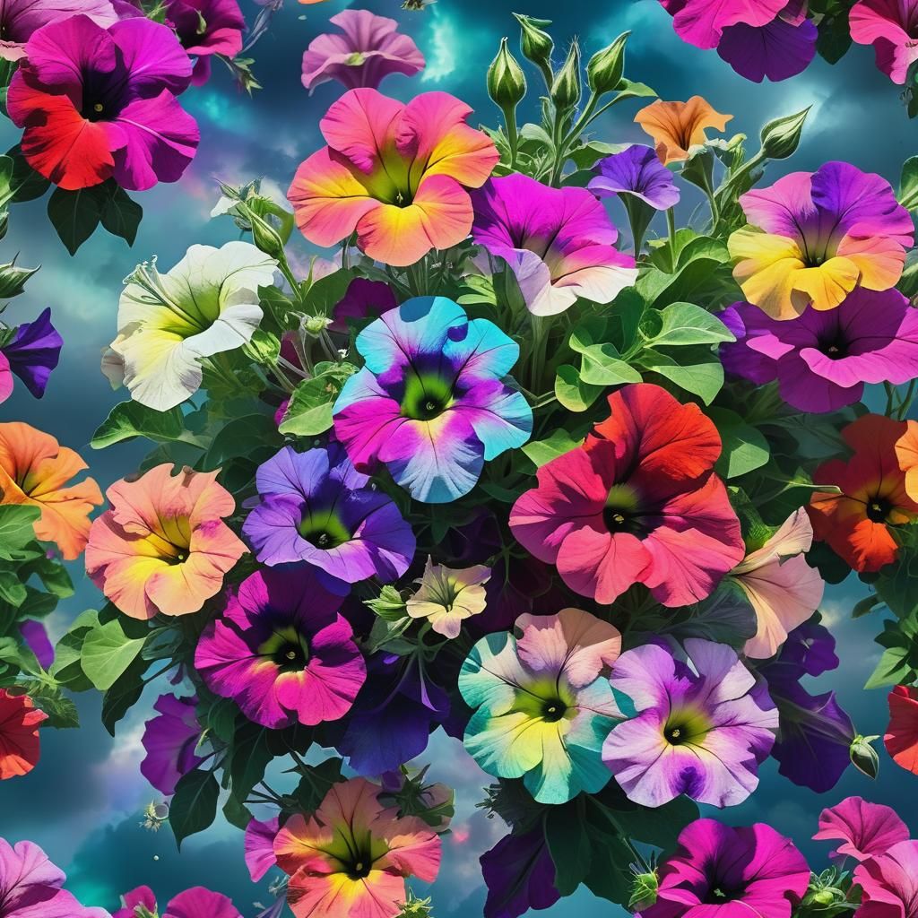 Iridescent Petunia Surrounded by Colorful Flowers