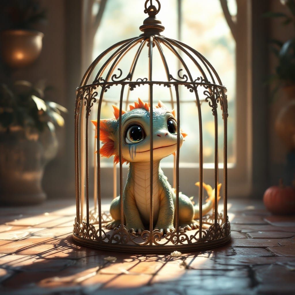 A dragon that is cute is in a cage crying