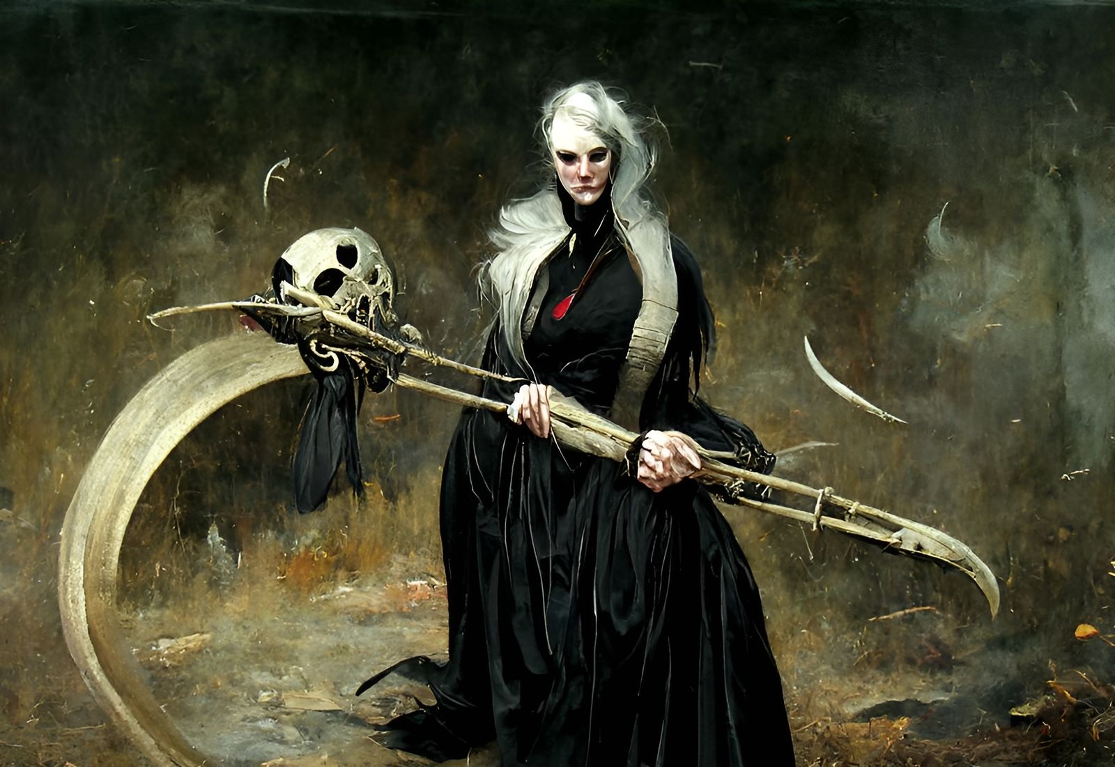 Sinister Woman with Skull Face and Scythe