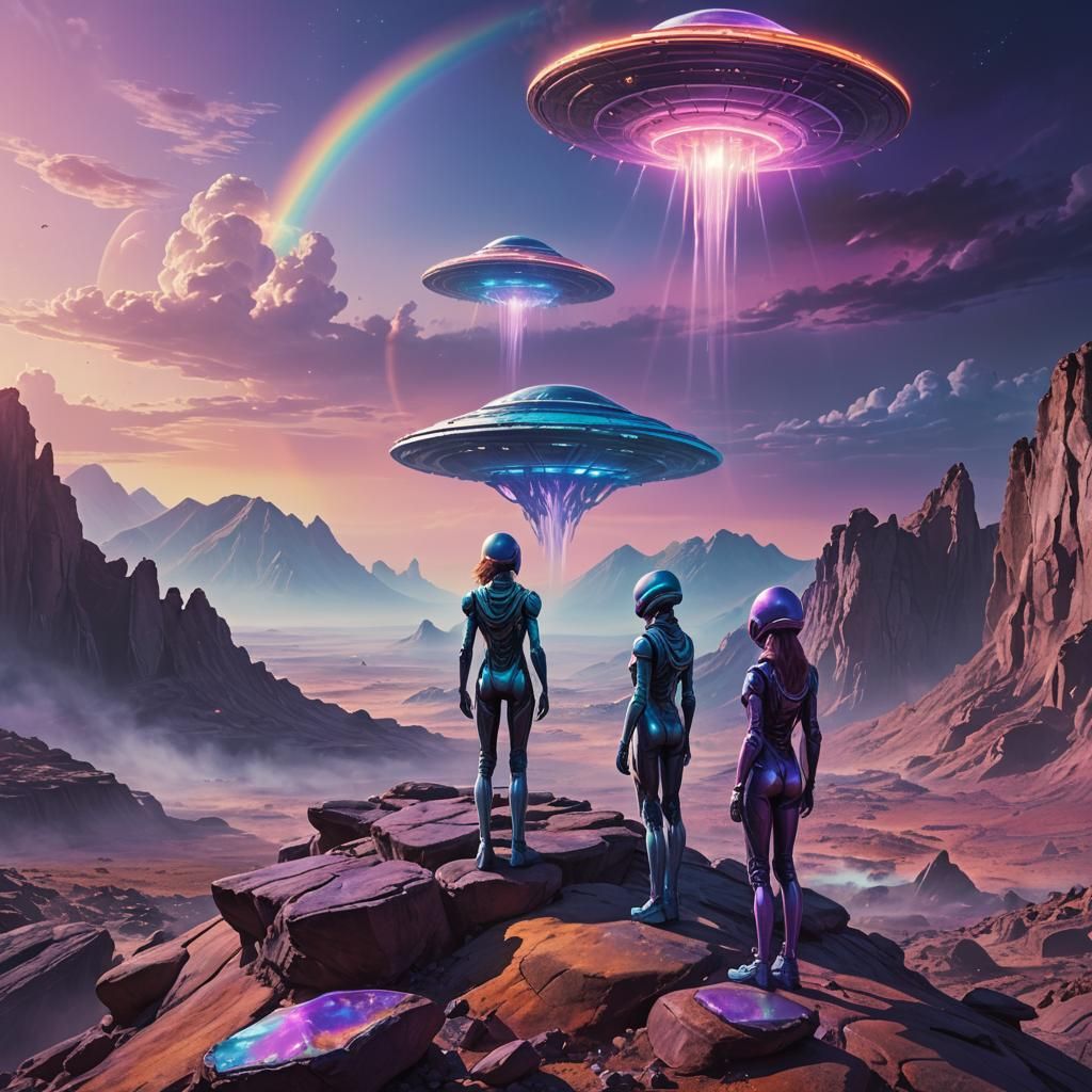 Alien Women on Rocky Heights in Sci-Fi Landscape