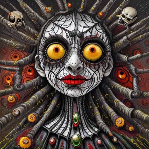 Surreal Pagan Face with Spider Web Eyes