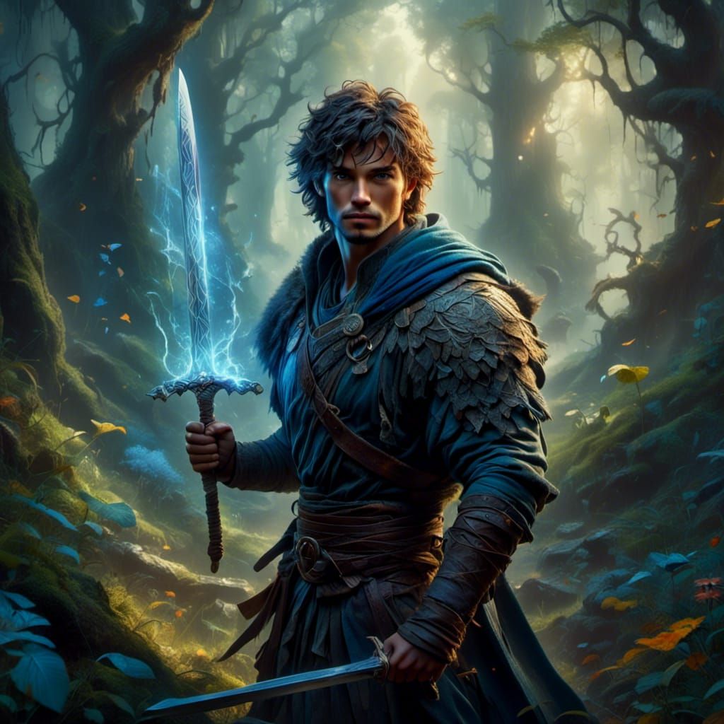 Finn in Mystical Forest with Luminescent Sword