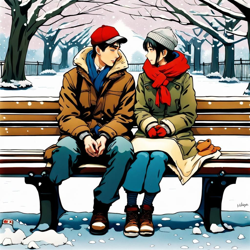 Anime couple sitting on a Tokyo park bench in the Winter, imagined in the style of Norman Rockwell. (Winter: 1.2) (anime...