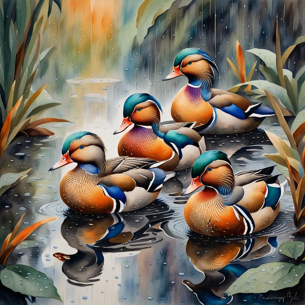 Mandarin Ducks in Rain, Watercolor Painting