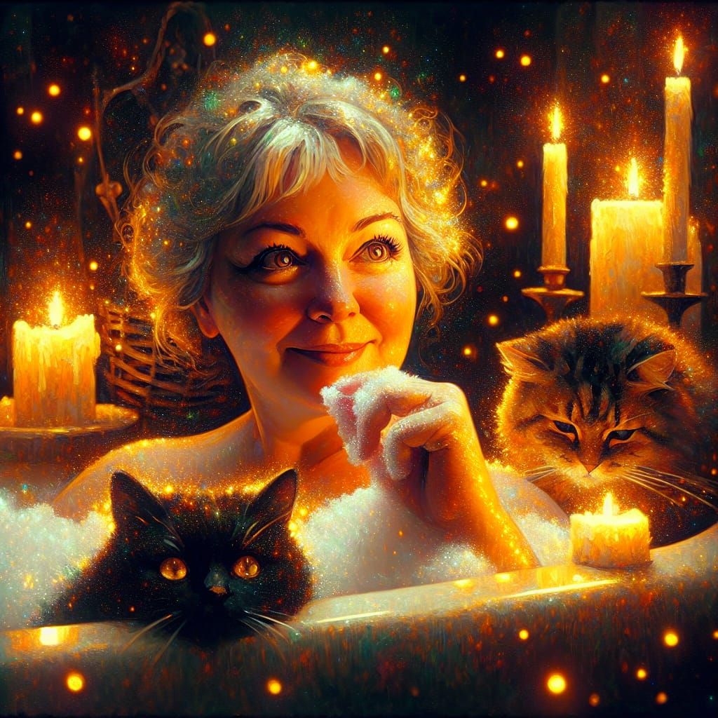 Woman in Candlelit Bath with Cats: Impasto Painting