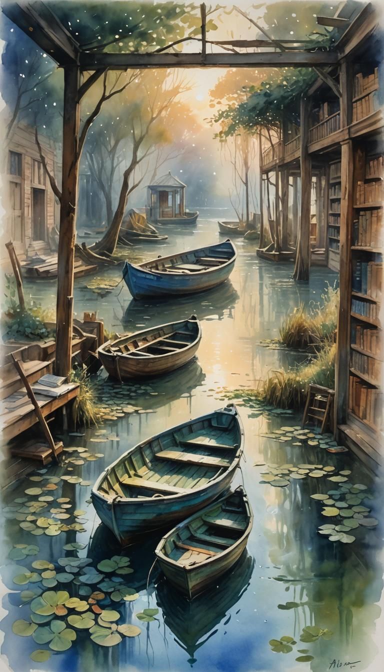Flooded Boat Library in Watercolor Painting