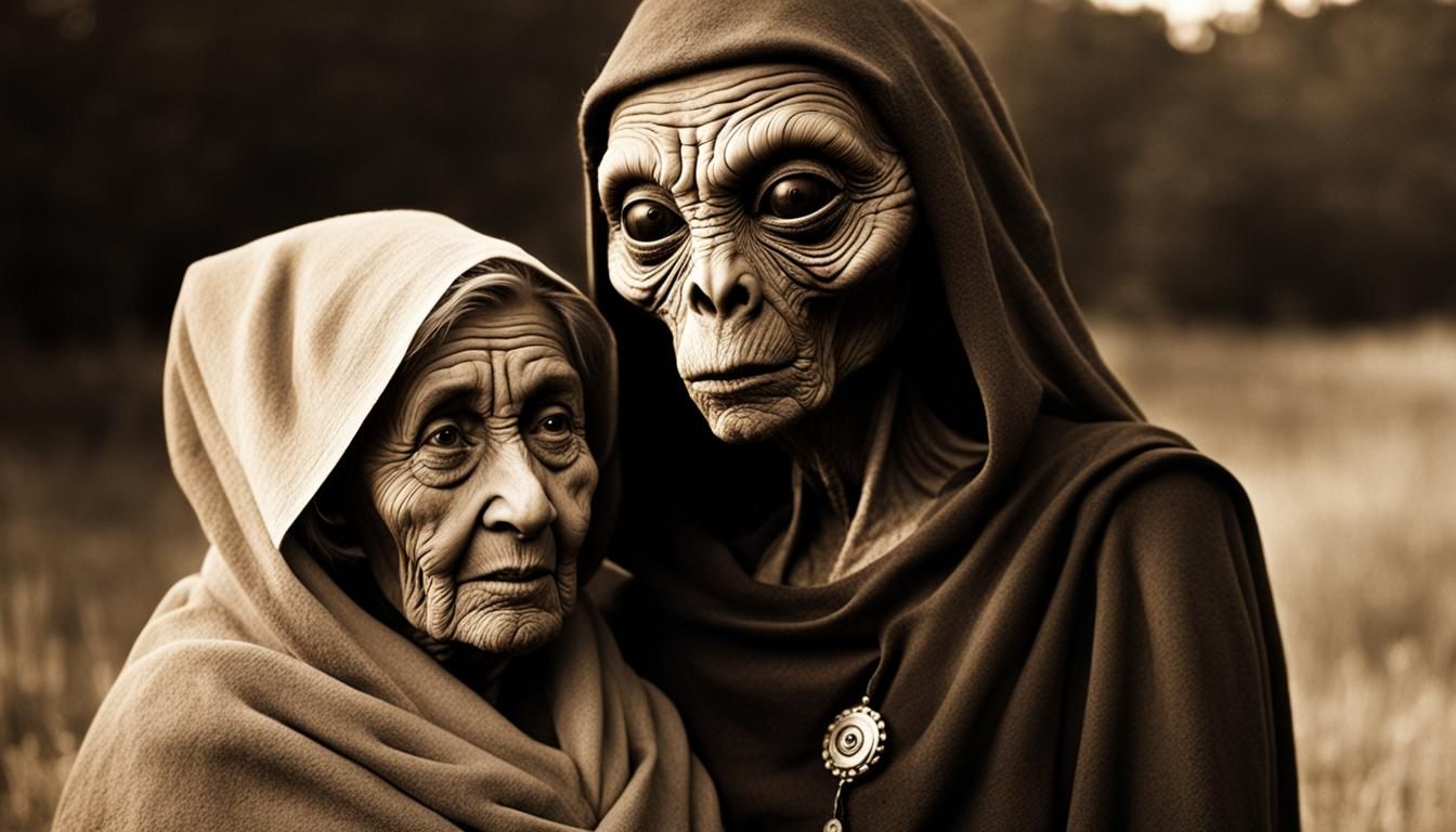 ET Alien Embraces Woman: Sepia-Toned Vintage Photo