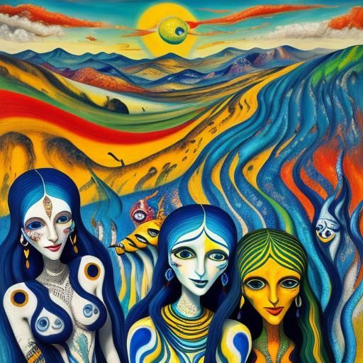 Psychedelic Travelers in Colorful Landscape