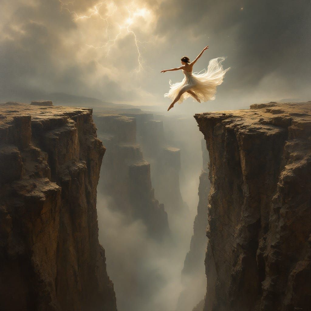 oil painting portrait of beautiful lithesome dancer in flowing, mist like dress doing a Grand Jeté across a large gap ja...