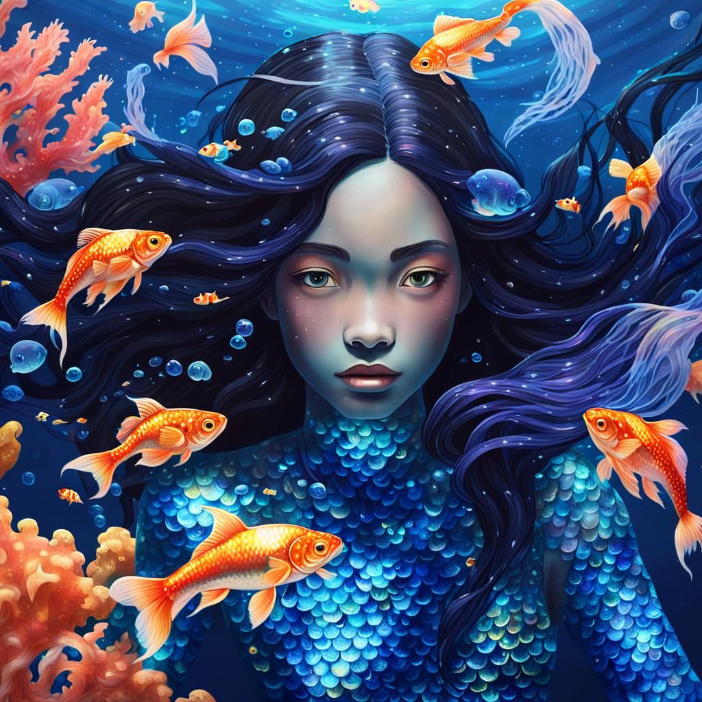 Luminous Mermaid Shielding Goldfish in Sapphire Ocean