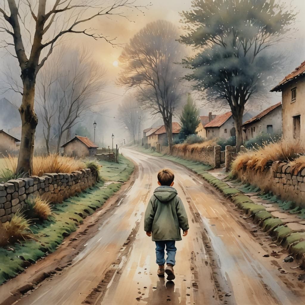 Child on Village Road in Impressionist Watercolor