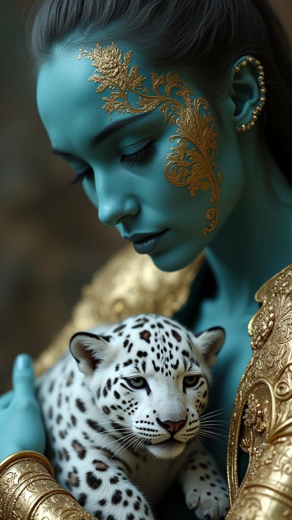 Regal Teal Figure with Leopard Cub in Baroque Style